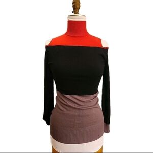 GERI C. NEW YORK Womens Color Block Cold Soulder Turtleneck Jrs L Blk Grey Coral